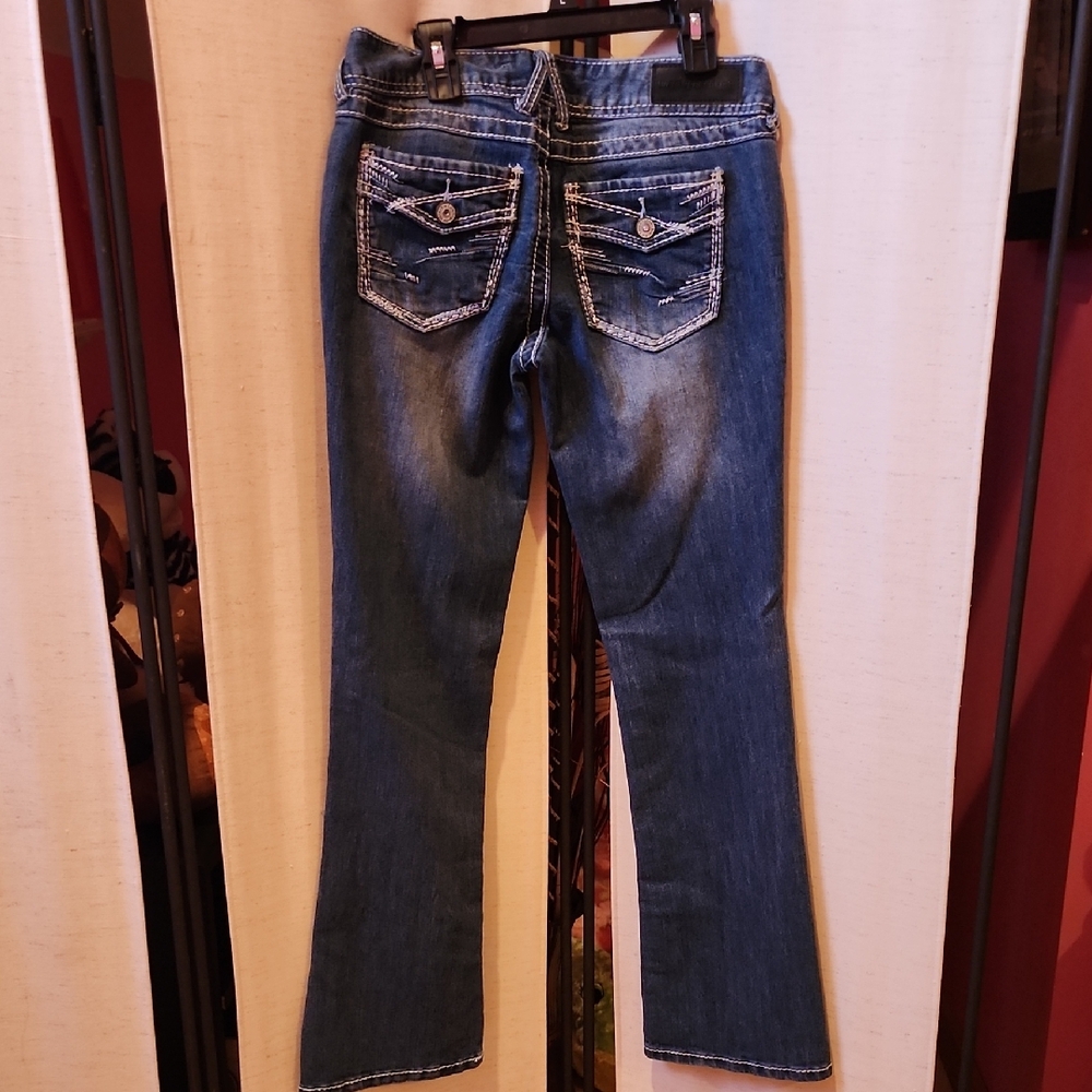 Dark Blue Flare Jeans with Embroidered Back Pockets